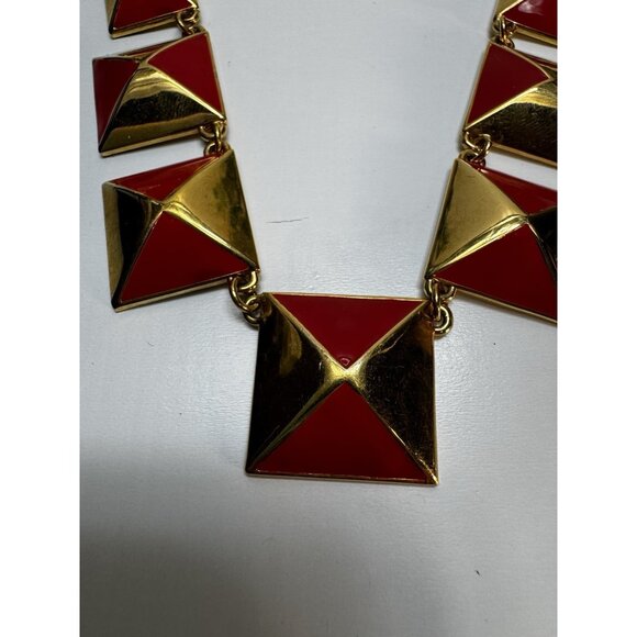 Vintage Red Gold Enamel Geometric Necklace Marc Jacobs Style Statement - Picture 3 of 7